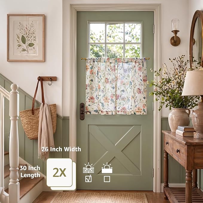 jinchan Hattie Floral Linen Kitchen Curtains 30 Inch Length Vintage Cottage Core Farmhouse Cafe Curtains Light Filtering Small Window Drapes for Living Room Bathroom Rod Pocket 2 Panels Beige