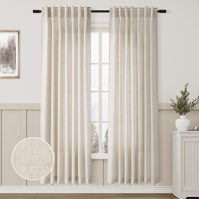 Aersas Beige Linen Textured Curtains 72 Inches Long for Living Room 2 Panel Set Back Tab Rod Pocket Semi Sheer Luxury Curtains Pleat Boho Window Curtain Decor for Dining Room Bedroom 52x72