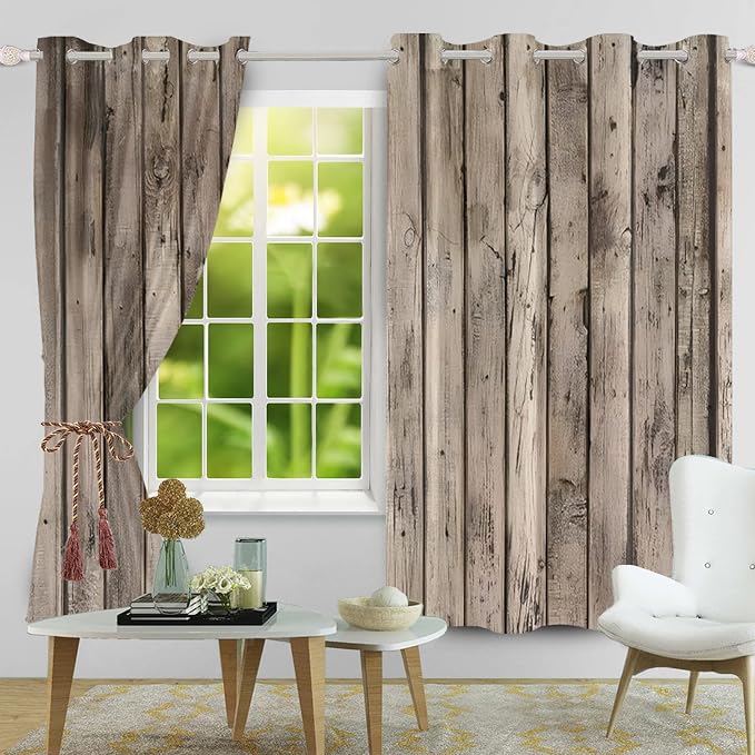 Rustic Curtains Vintage Grey Wood Barn Door Window Curtains Wood Planks American Rural Garage Door Drapes Earth Tone Wooden Door Window Treatments Native Farmhouse Decor,53x72 inch,2 Panels