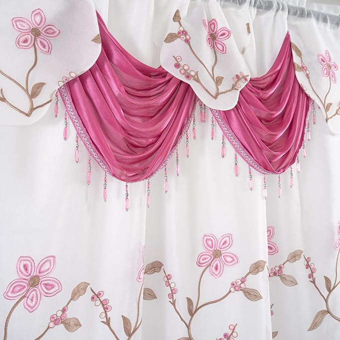 Petrichor Embroidered Sheer Curtain 2 Panels Set - Luxury Window Curtain Attached Valance with Satin Backing and 2 Tie Backs for Living Room,Dining Room, 54x84 inches, Rose