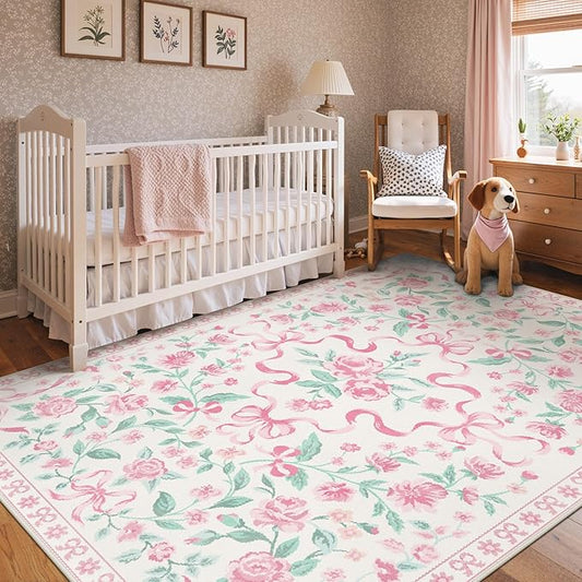 GENIMO 8X10 Washable Vintage Area Rugs for Living Room, Non-Slip Low Pile Chenille Print Rug, Soft Rugs for Bedroom Dining Room Home Office, Pastel Pink