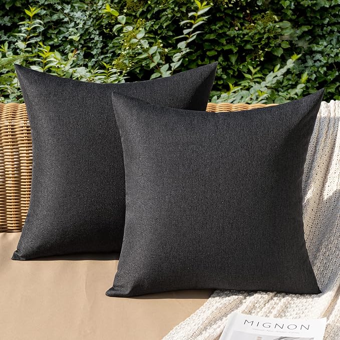 MIULEE Pack of 2 Decorative Outdoor Solid Waterproof Throw Pillow Covers Euro Sham Faux Linen Garden Farmhouse Cushion Cases for Halloween Tent Balcony Couch Sofa 26x26 Inch Black