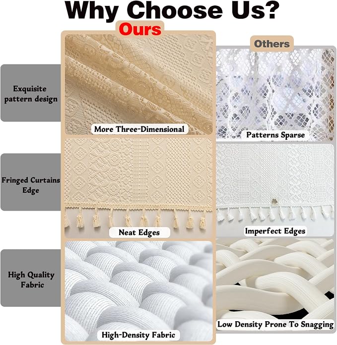 Sutuo Home Beige Boho Kitchen Curtains 54 inches long, Cottagecore Sheer Lace Curtains for Nursery Privacy Crochet Light Filtering Vintage Chic Tassels Bohemian Window Drape Rod Pocket, 2 Panels 50" W