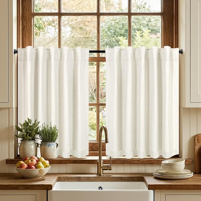 Pitalk Short Linen Blackout Curtains 30 Inch Length for Kitchen Windows Over Sink 42" Wide Cream Ivory Linen Textured Thermal Cafe Drapes for Bedroom Bathroom Back Tab Rod Pocket 2 Panels 42 x 30 Inch