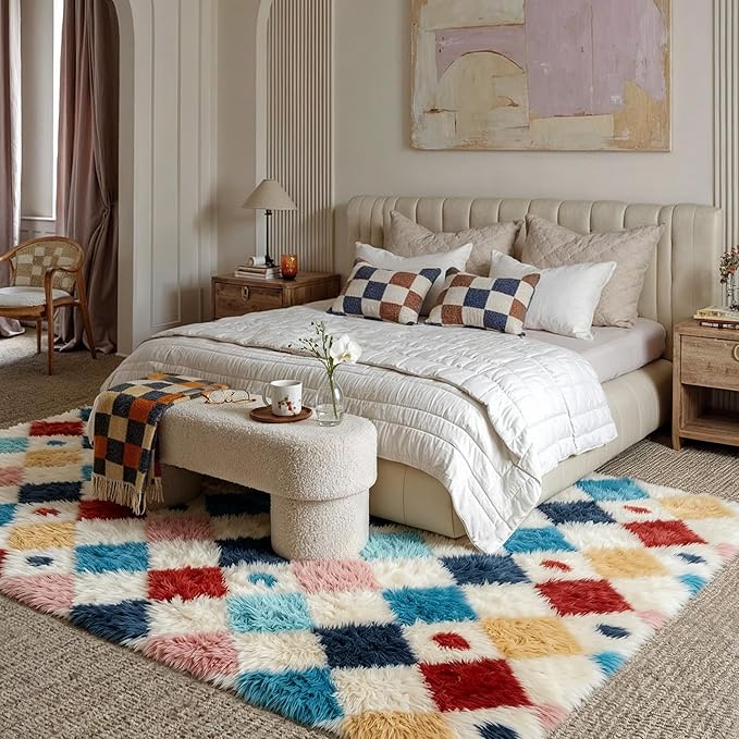PureCozy Checkered Rug 5x8 Fluffy Shag Living Room Colorful Area Rug Modern Washable Carpet Soft Shaggy Non Slip Indoor Plush Fuzzy Rugs for Bedroom Dorm Office Home Aesthetic Decor