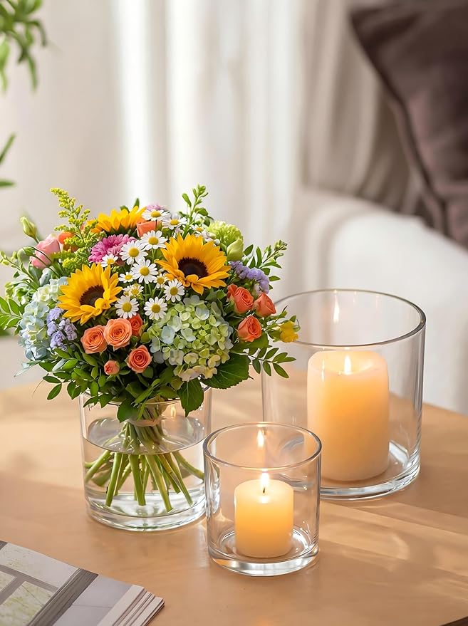 NUPTIO Thick Glass Hurricane Pillar Candle Holders, Set of 3 | Heavy Clear Walls, Wide Low-Profile Cylinders for Easy Use, 3 Graduated Sizes, for Dining Table Centerpiece or Flower Display