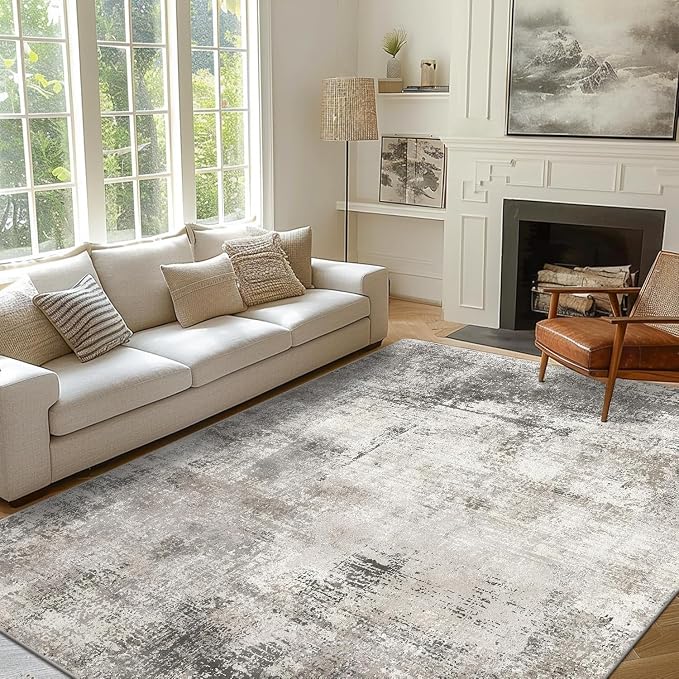 GENIMO 5x7 Area Rugs for Living Room, Machine Washable Non Slip Rugs, Low Pile Lightweight Vintage Print Rug for Bedroom, Dining Room, Home Office, Abstract Grey