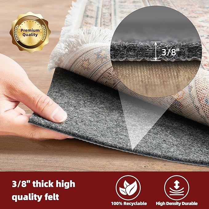 BAGAIL Felt and Natural Rubber Backing Rug Pads 3/8” Thick, 5 x 8 Ft Non Slip Carpet Gripper Keep Rugs in Place, Under Area Rug Protective Cushioned Pads, Carpet Runners, Hardwood Floors Protection