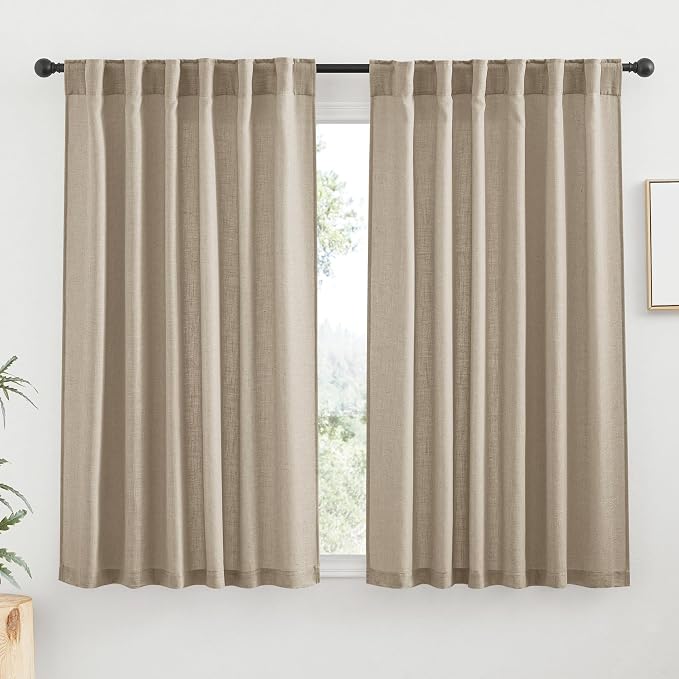 RYB HOME Linen Sheer Curtains for Small Window, Back Tab Breathable Absorbent Curtains & Drapes, Light Filter Half Privacy Protect for Study Room Office, Length 63 by Width 52 inch, 2 Panels, Khaki