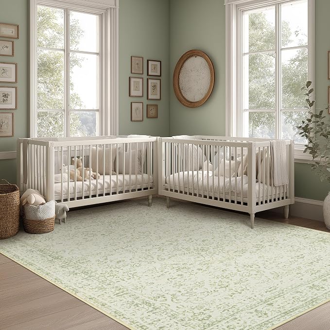Light Green Nursery Rug Boy Girl 6x9 Area Rugs Washable Non Slip Low Pile Soft Boho Neutral Floral Print Throw Carpet for Living Room Dining Room Sage Green Dining Room Rugs for Under Table 6 x 9