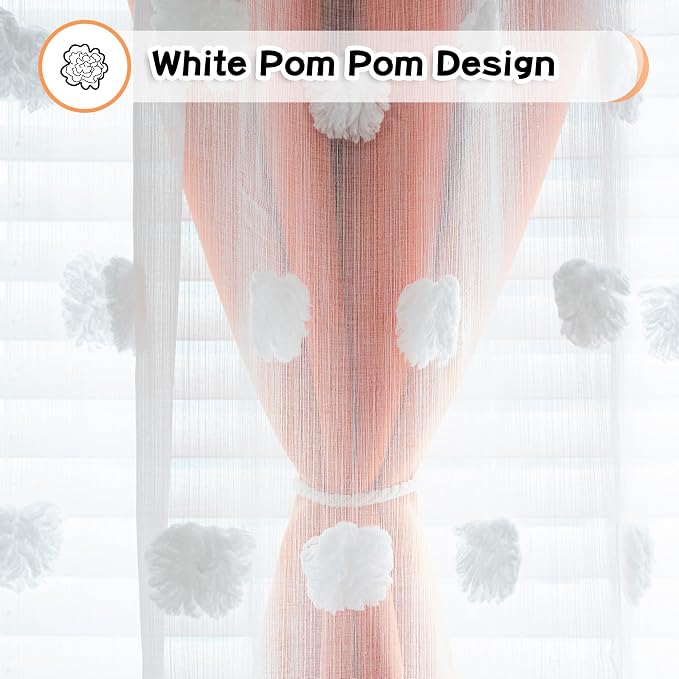 MYSKY HOME Orange Curtains 95 Inches Long for Living Room White Pom Pom Sheer Double Layer Curtains for Kids Rooms Nursery Curtains for Toddler Bedroom Grommet Room Darkening Window Panels 52" X 95"
