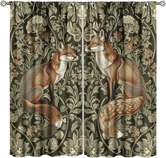 William Morris Blackout Curtains, Rustic Forest Fox Flower Botanical Art Rustic Window Drapes, for Bedroom Living Room 84" W X 84" L