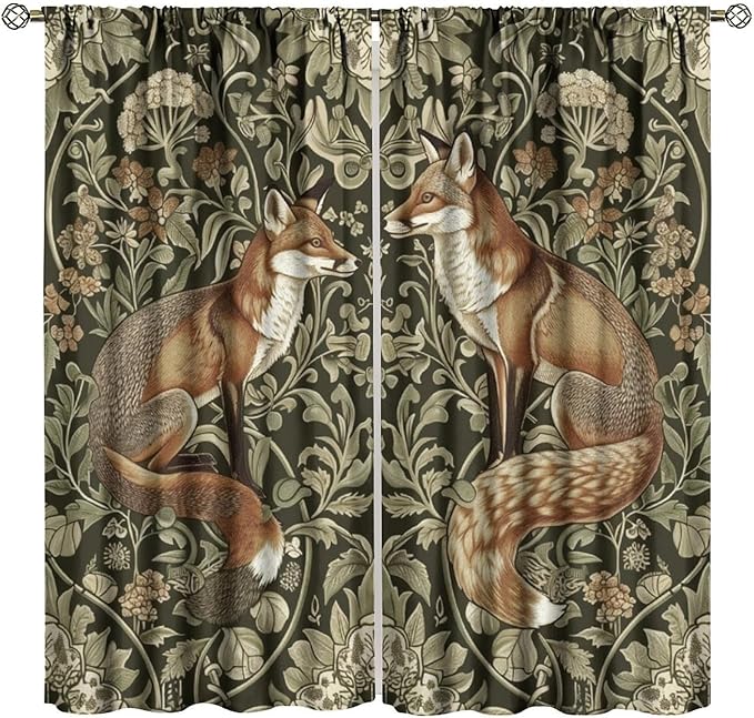 William Morris Blackout Curtains, Rustic Forest Fox Flower Botanical Art Rustic Window Drapes, for Bedroom Living Room 55" W X 63" L