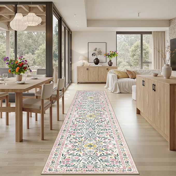 Runner Rug for Entryway: 2.6x10 Kitchen Rugs Non Slip Washable Ultra-Thin Soft Floral Carpet Indoor Floor Stain Resistant Carpets for Hallway Bedroom Kitchen Laundry Bathroom Dorm Pink/Green