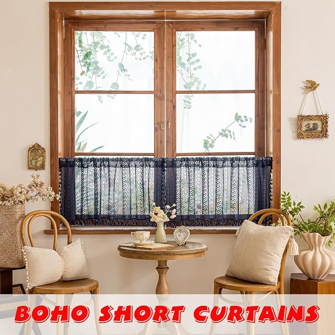 Sutuo Home Navy Blue Boho Curtains Valance 18 Inches Long for Kitchen Cafe, Sheer Lace Short Curtains Bohemian Crochet Privacy Macrame Vintage Tassels Cottagecore Closet Decor Rod Pocket,2 Panels 50"W