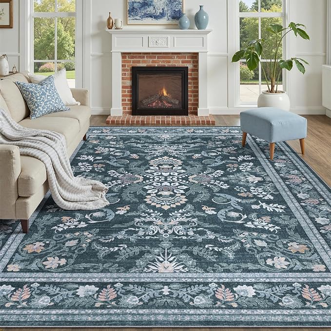 DCX Navy Blue 8x10 Area Rug, Machine Washable Non Slip Stain Resistant Soft Vintage Floral Rug, for Living Room, Bedroom, Dining Room, Soft Low Pile Large Carpet