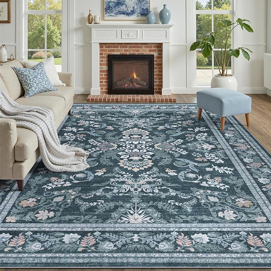 DCX Navy Blue 8x10 Area Rug, Machine Washable Non Slip Stain Resistant Soft Vintage Floral Rug, for Living Room, Bedroom, Dining Room, Soft Low Pile Large Carpet