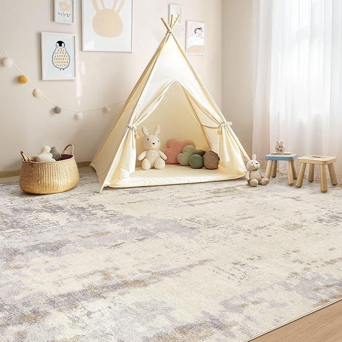 UERMEI 8x10 Washable Area Rug - Neutral Modern Abstract Living Room Rugs, Non-Slip Soft Large Indoor Floor Carpet for Bedroom Home Office & Under Dining Table Decor, Light Brown/Gray
