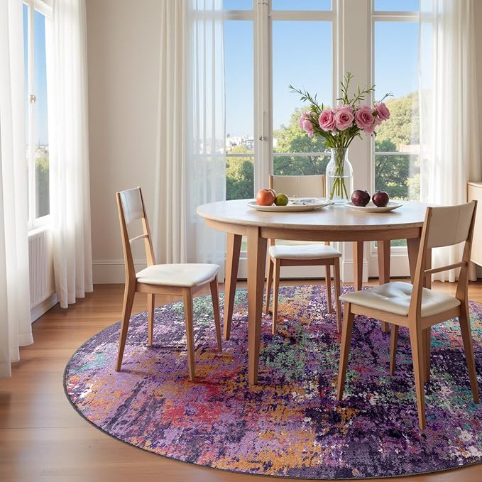 RELEANY Washable Area Rugs 6ft Non-Slip Modern Abstract Soft for Living Room Entryway Bedroom Kitchen, Print Pattern, Purple Orange Blue Green Rust Red Colorful