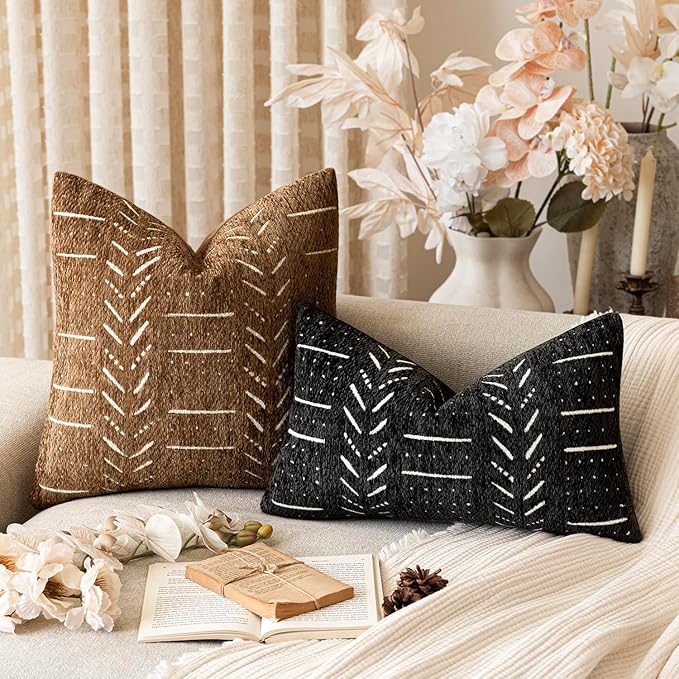 Home Décor Decorative Boho Chenille Throw Pillow Covers Neutral Cozy Lumbar Cushion Covers Textured Soft Farmhouse Pillowcase for Couch Sofa Chair Bed Living Room, 12×20 Inch, Set of 2, Black
