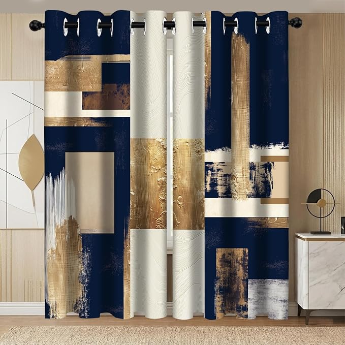 Boho Navy Blue Gold Abstract Blackout Curtains, Modern Oil Aesthetic Neutral Contemporary Beige Darkening Thermal Insulated Grommet Light Blocking Drape Decor, 52 x 84 Inch Long 2 Panels