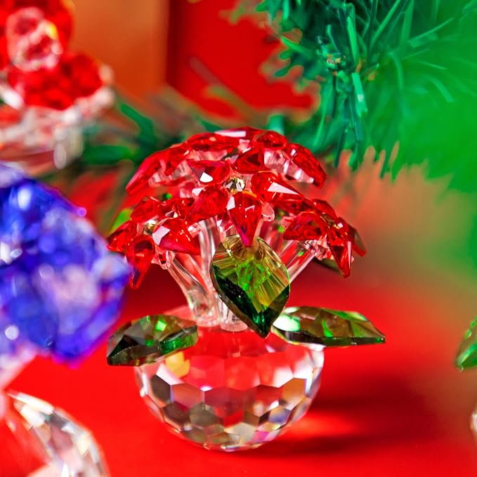 Red Crystal Poinsettia Flower Figurine Christmas Table Centerpiece Decor | Glass Craft with 6 Blooms Tabletop Centerpiece Home Office Party Decor Collectible Gift for Women Mom