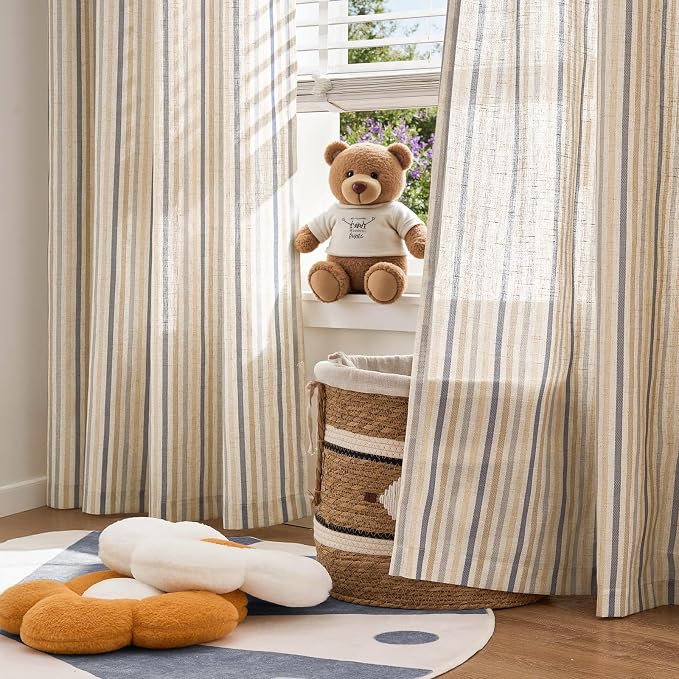 jinchan Linen Curtains 84 inch Blue Stripe for Kids Room Grommet 2 Panels | Kids Curtains for Nursery Living Room Bedroom Baby Boys Room,Cute Colorful Ticking Stripe,Cottagecore Rustic,Light Filtering