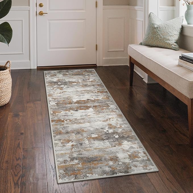 GENIMO Washable Rugs 2'6"x6 Runner Rugs for Hallway Kitchen, Modern Lightweight Rug Ultra Soft Indoor Runner Rugs for Entryway, Low Pile Carpet with Non Slip Backing, Grey Brown Beige