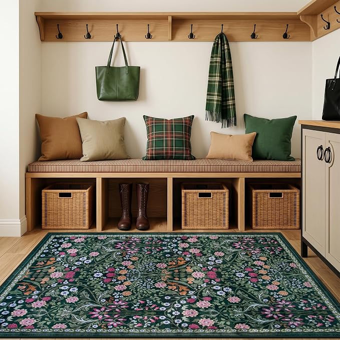 Area Rug Living Room Rugs: Floral 3x5 Washable Rug Vintage Soft Boho Non-Slip Carpet Indoor Floor Stain Resistant Large Carpets for Bedroom Dining Room Farmhouse Nursery Hallway Dark Green
