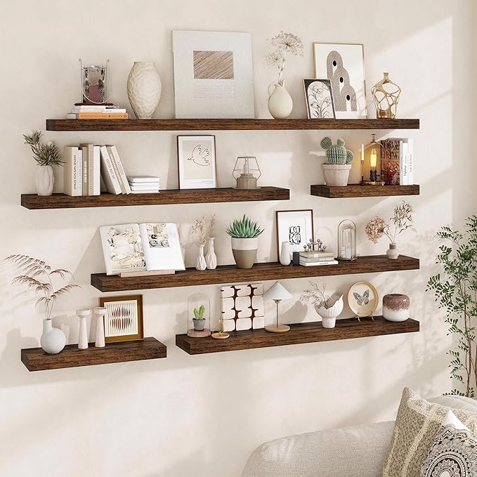 Fun Memories 66 Inch Fireplace Mantel - Long Floating Shelf, Wall Mounted Farmhouse Display with Invisible Heavy Duty Metal Bracket, Brown, 2 Pack