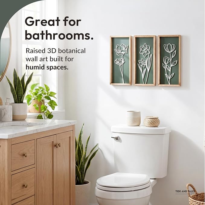 3D Floral Green Wall Art (Set of 3) Lightweight, Wooden Ready-to-Hang Boho Framed Wall Art for Bathroom, Master Bedroom, Living Room or Office - Premium Sage Green Farmhouse Decor - Gift-Boxed