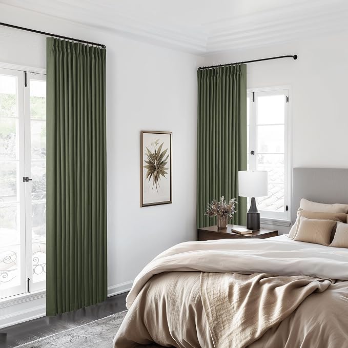Olive Green Pinch Pleated 100% Blackout Linen Bedroom Curtains 96 Inch Length Double Layer Pleat Curtains Ring Hooks Back Tab Black Out Room Darkening Drapes 96 Inches Long Living Room Dark Green