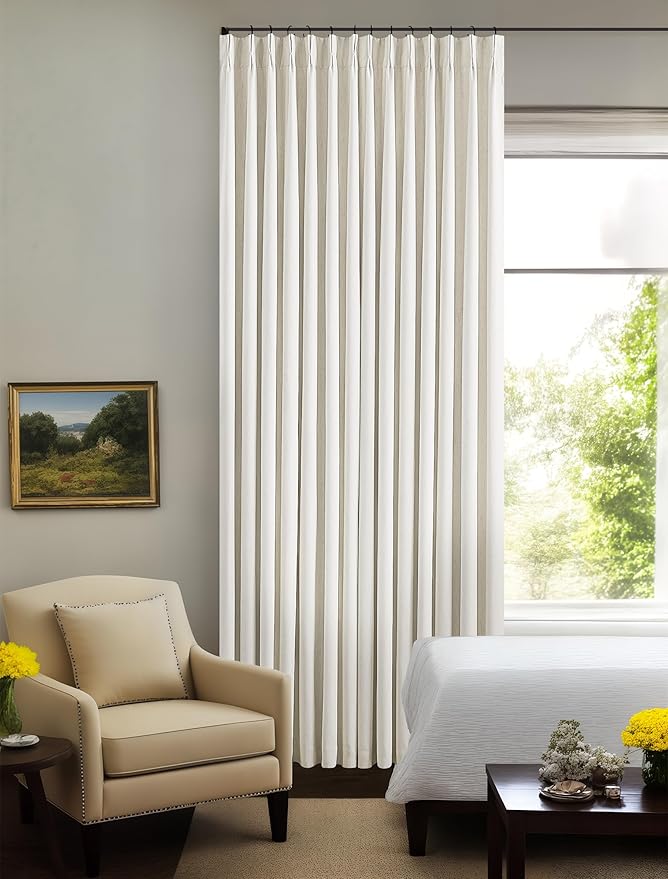 Natural Linen Blackout 112 Inch Curtains for Living Room 2 Panels Set Pinch Pleated Back Tab Drapes Farmhouse Thermal Insulated Full Black Out Curtains 112 Length High Ceiling to Floor Cream Ivory