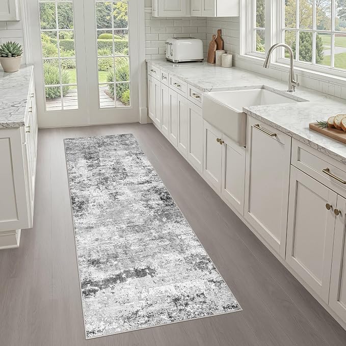 Runner Rug Non-Slip Kitchen Rug: 2x6 Washable Abstract Modern Soft Stain Resistant Indoor Floor Neutral Accent Throw Carpet for Hallway Bathroom Laundry Room Bedroom Entryway- Black Gray