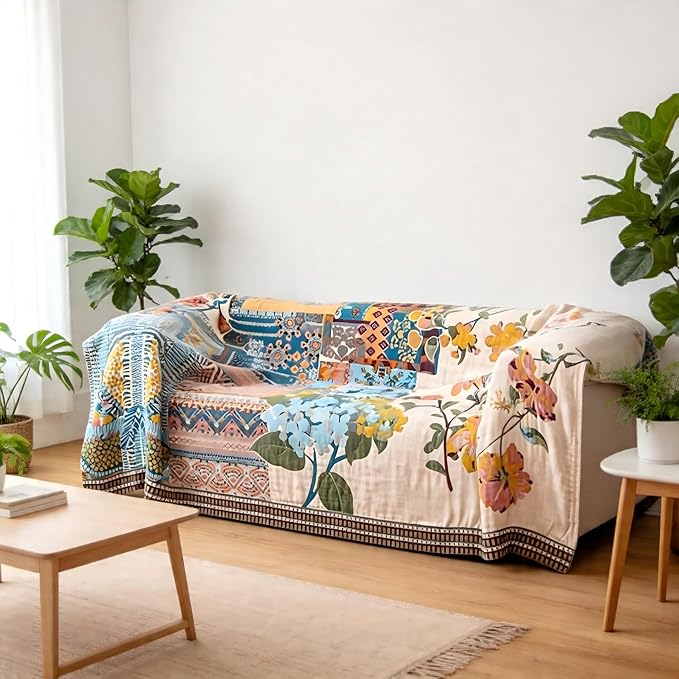Ownkoti Throw Blanket for Bed, 90"x 90" Quilted Cotton Blanket Reversible Cover for Sofa Chair (Puzzle)