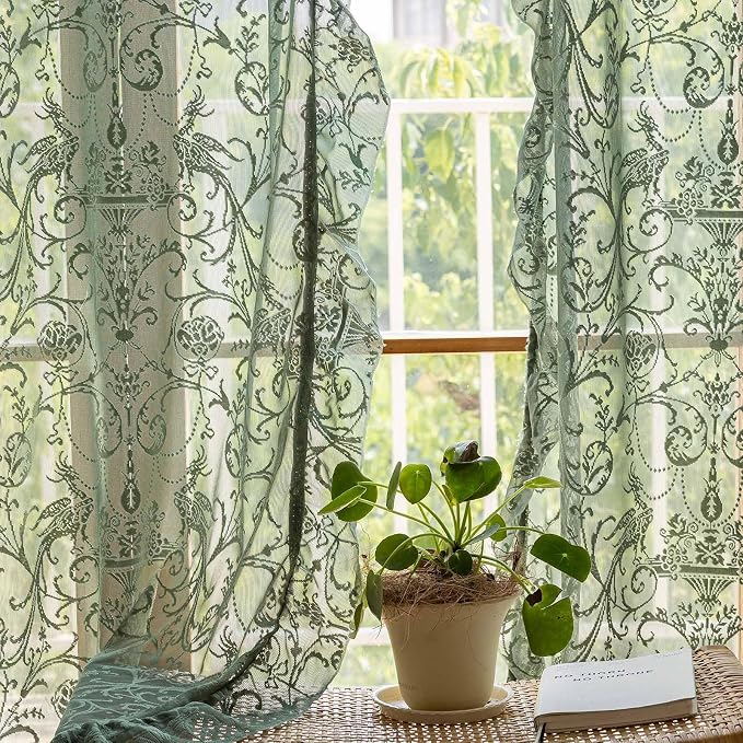 TUDECO Green Lace Curtains 72 Inch Length 2 Panels - Victorian Olive Sheer Spring Floral Curtains for Bedroom Nursery Boho Ruffle Privacy for Doorway Closet Rod Pocket,59 x 72 Inch, Olive Green
