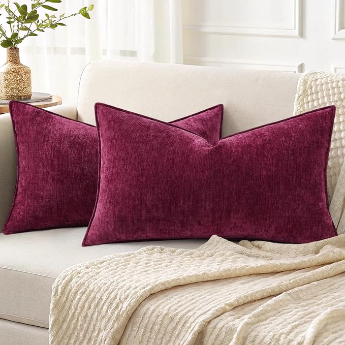 decorUhome Fall Couch Throw Pillow Covers 12x20 Set of 2, Decorative Soft Velvet Modern Cozy Chenille Lumbar Pillow Cases with Elegant Design for Sofa Bed Living Room Home Decor, Rhododendron