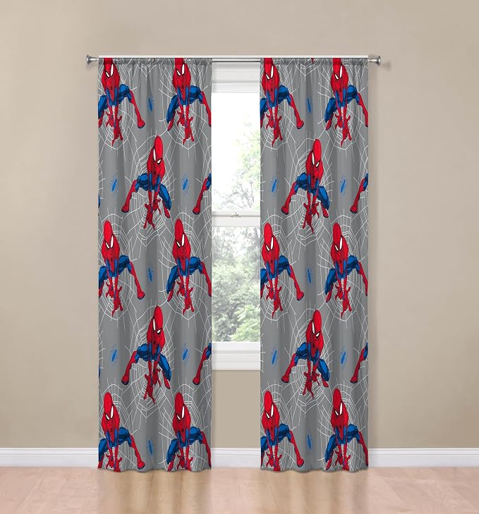 Jay Franco Window Curtains for Kids Bedroom 4-Piece Drape Set with 2 Tiebacks, Grey - Spiderman, 42" W x 84" L (Pack of 2)