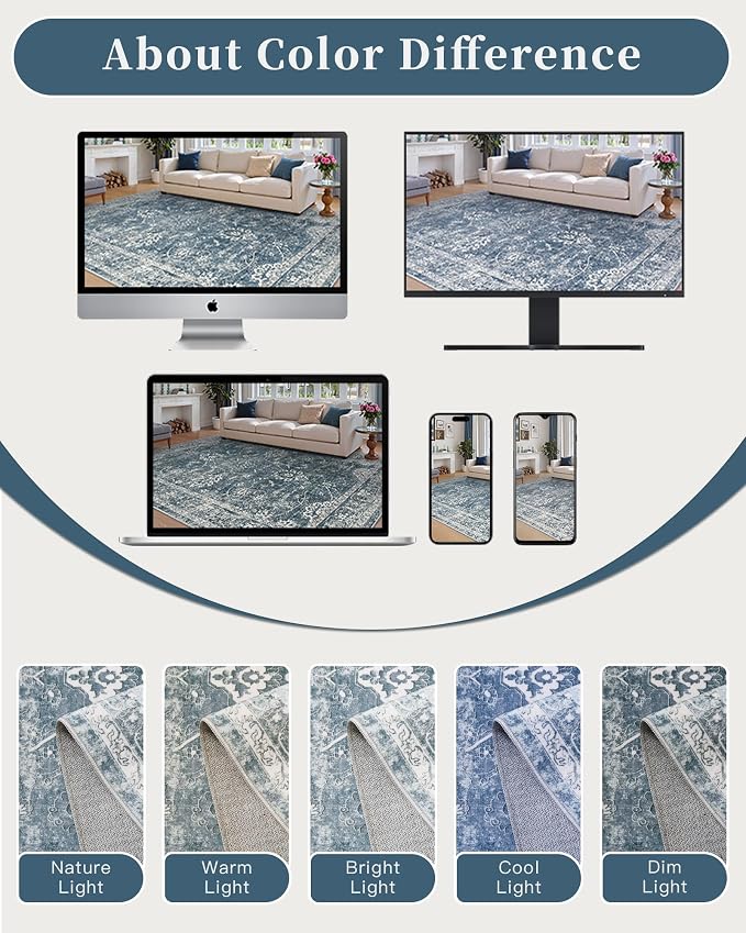 Madane 8x10 Area Rugs for Living Room, Machine Washable Vintage Rug with Non-Slip Backing, Soft Floral Print Large Throw Rugs, Thin Carpet for Bedroom Dining Room Farmhouse (8 x 10, Blue)