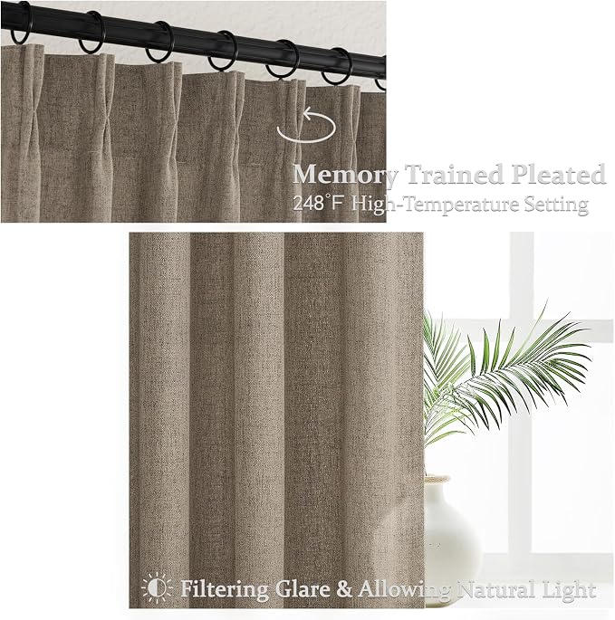 Dark Flax Extra Long Floor to Ceiling Viral Drapes 108 Inches Long 2 Panels for Sliding Glass Door, Luxury Pleat Linen Blend Living Room Light Filtering Curtain with Ceiling Track Large Linen Burg