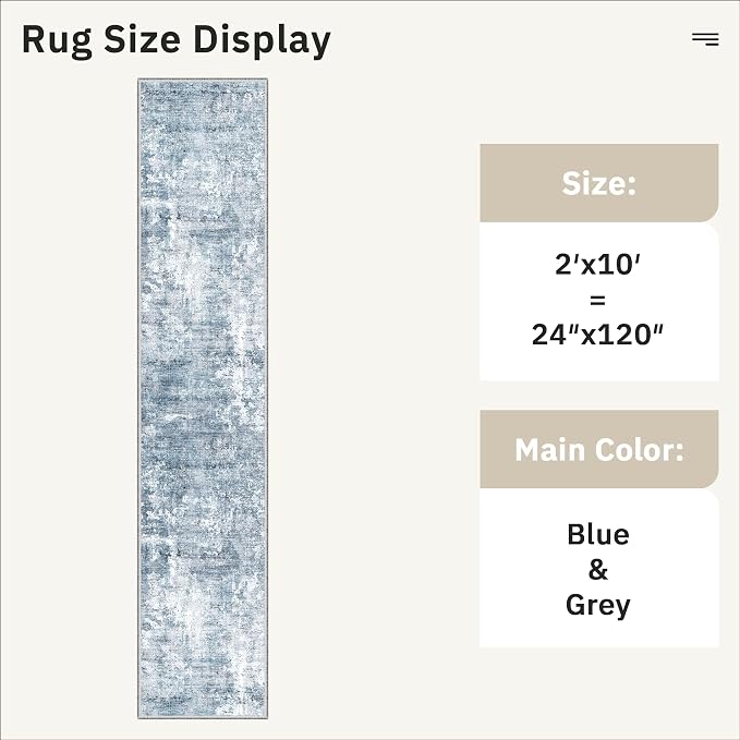 Soalmost Runner Rug 2'x10' Abstract Washable Non-Slip Runner Rugs for Kitchen Bathroom Laundry Room Blue Vintage Floor Carpet Runners for Hallway Entryway