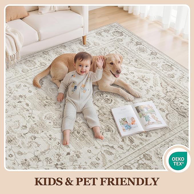 9x12 Area Rugs for Living Room:Beige Washable Vintage Medallion Carpet Non-Slip Soft Low Pile Large Rugs Indoor Retro Rug for Bedroom Nursery Dining Table Office Home(Beige White 9'x12')