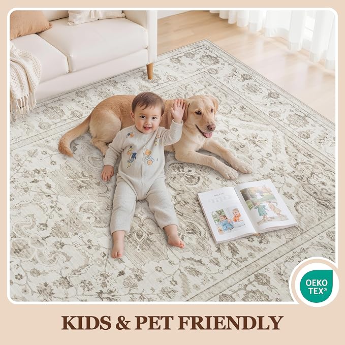 5x7 Area Rugs for Living Room:Beige Washable Vintage Medallion Carpet Non-Slip Soft Low Pile Large Rugs Indoor Retro Rug for Bedroom Nursery Dining Table Office Home(Beige White 5'x7')