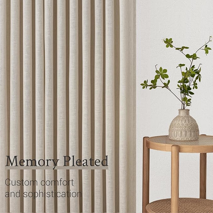 Topfinel Oatmeal Pinch Pleated Linen Curtains 84 Inch Length 1 Panels for Bedroom Living Room Textured Semi Sheer Window Curtain Boho Neutral Back Tab Pinch Pleat Drape with Hooks 84 Inches Long