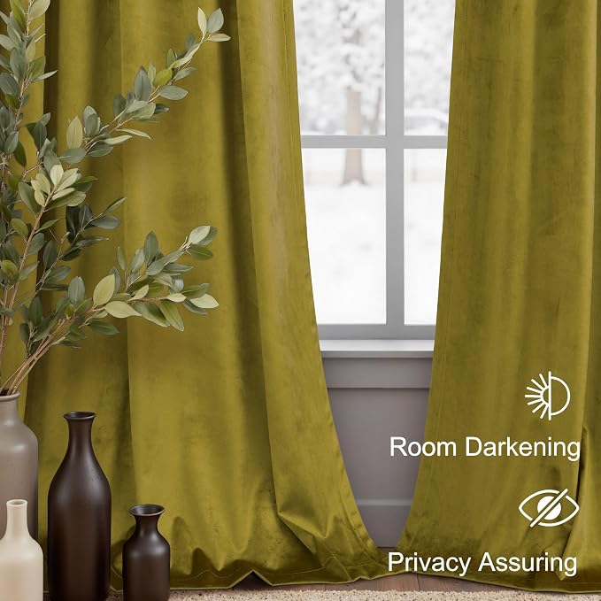 Chartreuse Green Velvet Curtains 84 Inches Long 2 Panels Set for Living Room Mid Century Modern Maximalist Psychedelic Vintage Olive Green Yellow Drapes for Bedroom Wide 52 x 84 Inch Length Back Tab