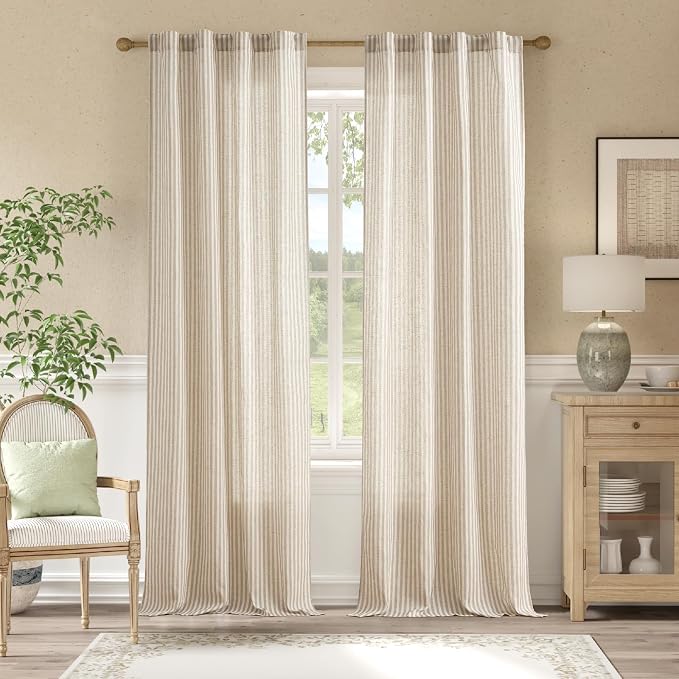 jinchan Linen Curtains 96 Inch Taupe Grey Stripe on Beige Back Tab 2 Panels | Curtains For Living Room Bedroom,Ticking Stripe, Farmhouse Cottage Core Rustic,Rod Pocket Window Treatment,Light Filtering