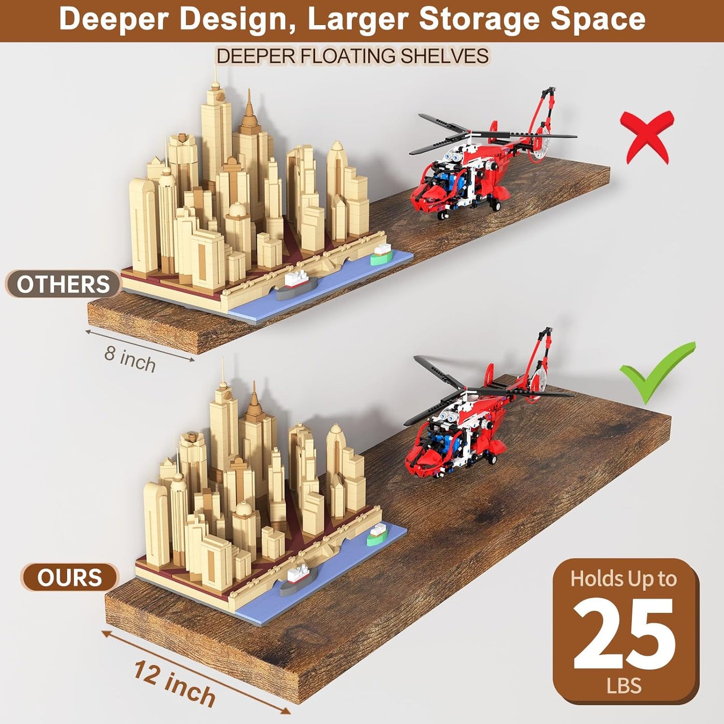 12 Inch Deep Floating Shelves for Wall 3 Pack Floating Shelves Large Storage Space Wall Mount Shelf for Living Room Kitchen Bathroom 30" W x 12" D x 1.2" H Rustic Brown