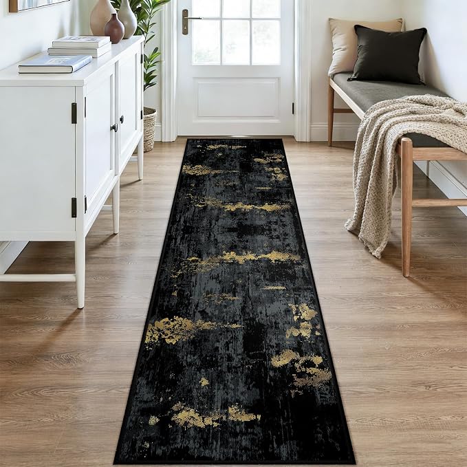 RELEANY Washable Area Rugs 2x9 Non-Slip Modern Abstract Soft for Living Room Entryway Bedroom Kitchen, Print Pattern, Dark Black Gold