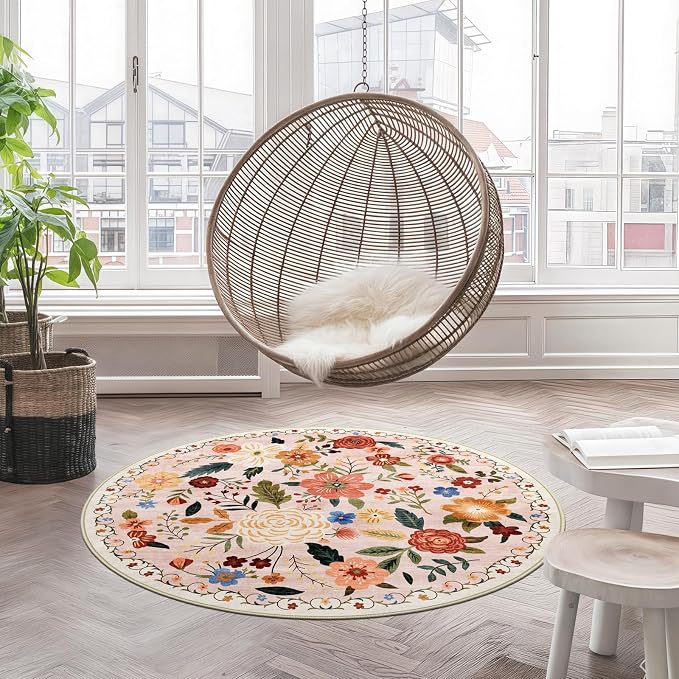 4ft Round Machine Washable Area Rug for Living Room, Beige Pink Vintage Boho Floral Rug Non-Slip Low Pile Soft Faux Wool Carpet Kids and Pets Friendly for Bedroom Nursery Farmhouse Home Decor Rug