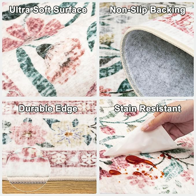 Runner Rug for Entryway: 3x10 Kitchen Rugs Non Slip Washable Ultra-Thin Soft Floral Carpet Indoor Floor Stain Resistant Carpets for Hallway Bedroom Kitchen Laundry Bathroom Dorm Pink/Green